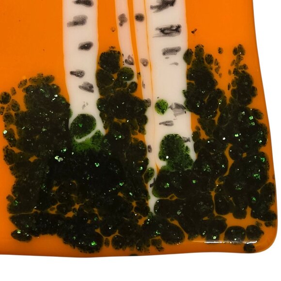 Birch Tree Fused Glass Art Orange Glitter Green Wood Nature Artsy OOAK Vintage - Picture 6 of 16